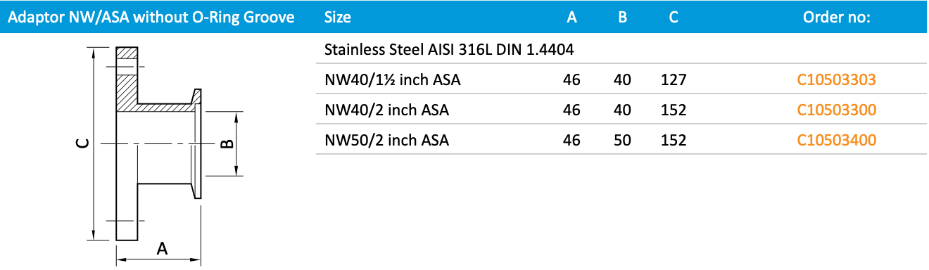 Adaptor NW/ASA without O-Ring Groove